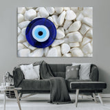 48883-MGV-CV-36X24-Evil Eye Wall Art – Deep Blue Symbol of Presence and Calm on White Stones, Subtle Spiritual Decor for Entryway, Studio, Office or