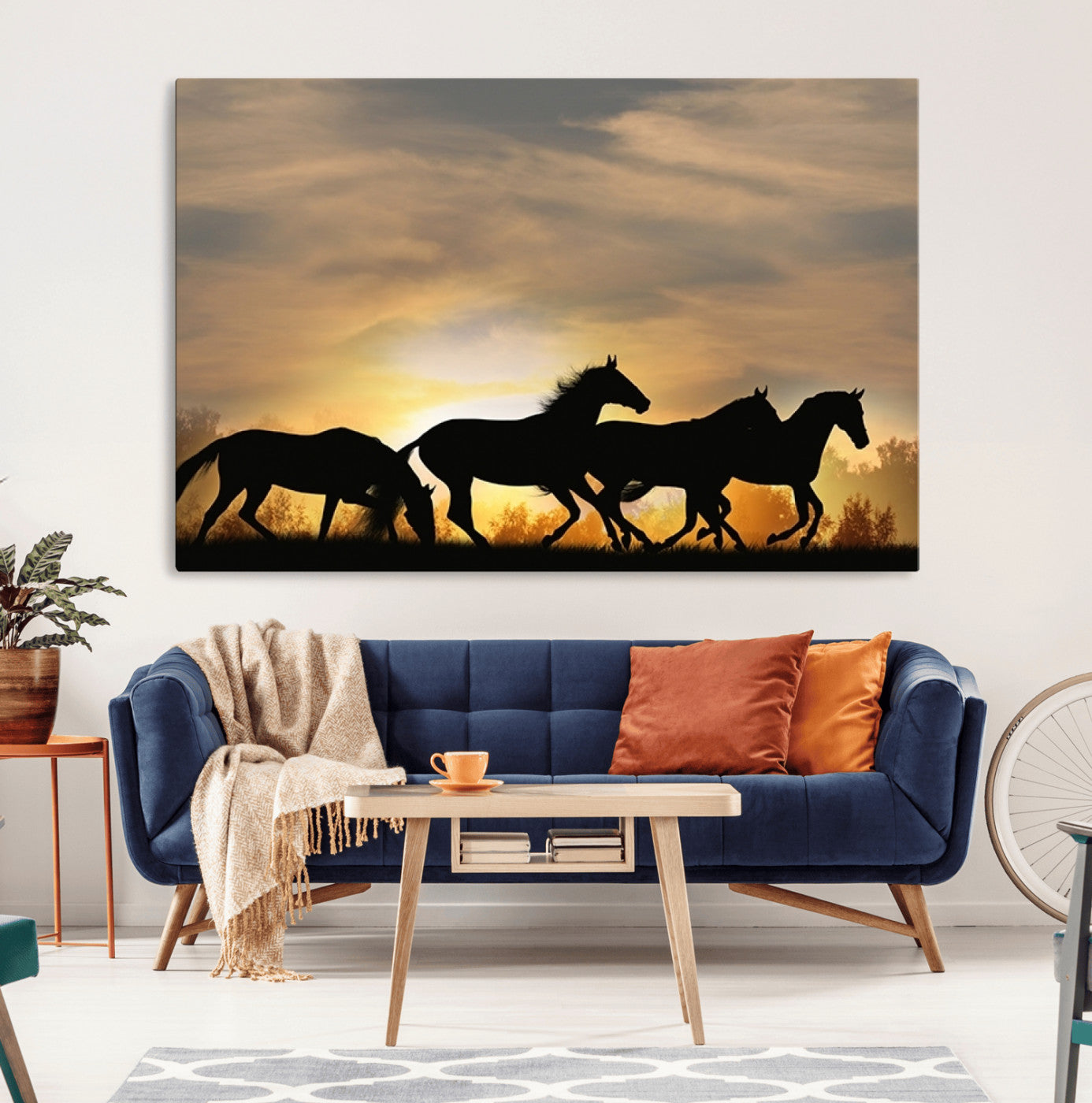 16620-MGV-CV-36X24-Sunset Stallions Wall Art – Silhouetted Horses Running Canvas Print, Nature’s Rhythm, Perfect for Living Room, Office, or Man Cave