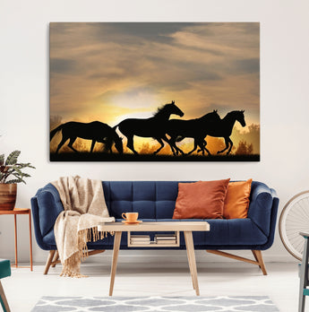 16620-MGV-CV-36X24-Sunset Stallions Wall Art – Silhouetted Horses Running Canvas Print, Nature’s Rhythm, Perfect for Living Room, Office, or Man Cave