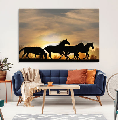 16620-MGV-CV-36X24-Sunset Stallions Wall Art – Silhouetted Horses Running Canvas Print, Nature’s Rhythm, Perfect for Living Room, Office, or Man Cave