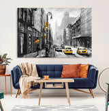 32362-MGV-CV-36X24-NYC Street Wall Art – Black and White Cityscape with Yellow Taxis and Umbrella Canvas Print, Urban Home Decor for Living Room or