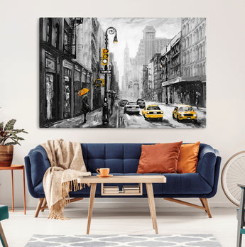 32362-MGV-CV-36X24-NYC Street Wall Art – Black and White Cityscape with Yellow Taxis and Umbrella Canvas Print, Urban Home Decor for Living Room or