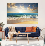 13139-MGV-CV-36X24-Sunrise Beach Wall Art – Ocean Waves and Golden Sand Canvas Print, Coastal Home Decor for Living Room, Bedroom, or Office