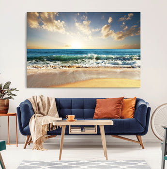13139-MGV-CV-36X24-Sunrise Beach Wall Art – Ocean Waves and Golden Sand Canvas Print, Coastal Home Decor for Living Room, Bedroom, or Office