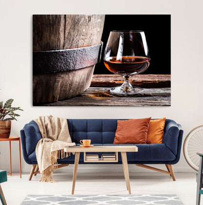 50839-MGV-CV-36X24-Barrel & Brandy Wall Art – Rustic Whiskey Barrel and Brandy Glass Canvas Print, Elegant Home Bar or Lounge Decor for Office, Man