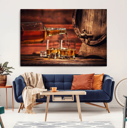 52458-MGV-CV-36X24-Whiskey Pour Wall Art – Elegant Whiskey Bottle Pouring into Glasses Canvas Print, Refined Bar or Lounge Decor for Home, Office, or