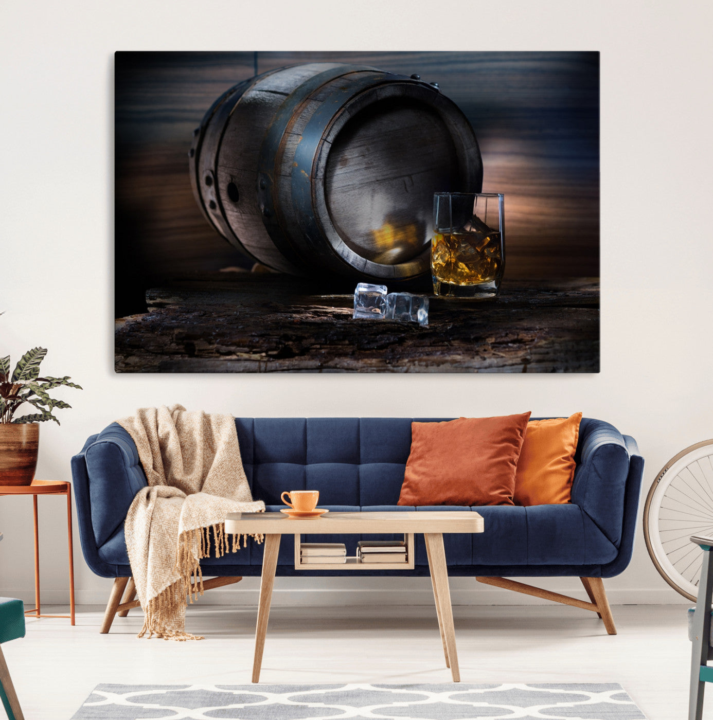 78049-MGV-CV-36X24-Whiskey Barrel Wall Art – Rustic Whiskey Barrel and Glass with Ice Canvas Print, Classic Bar or Lounge Decor for Home, Office, or