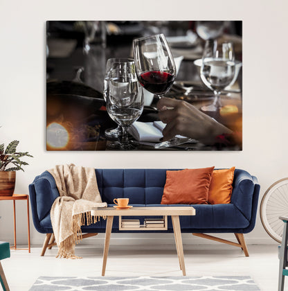 75513-MGV-CV-36X24-Elegant Wine Toast Wall Art – Close-Up Red Wine Glass at Dinner Table Canvas Print, Sophisticated Dining Room or Bar Decor
