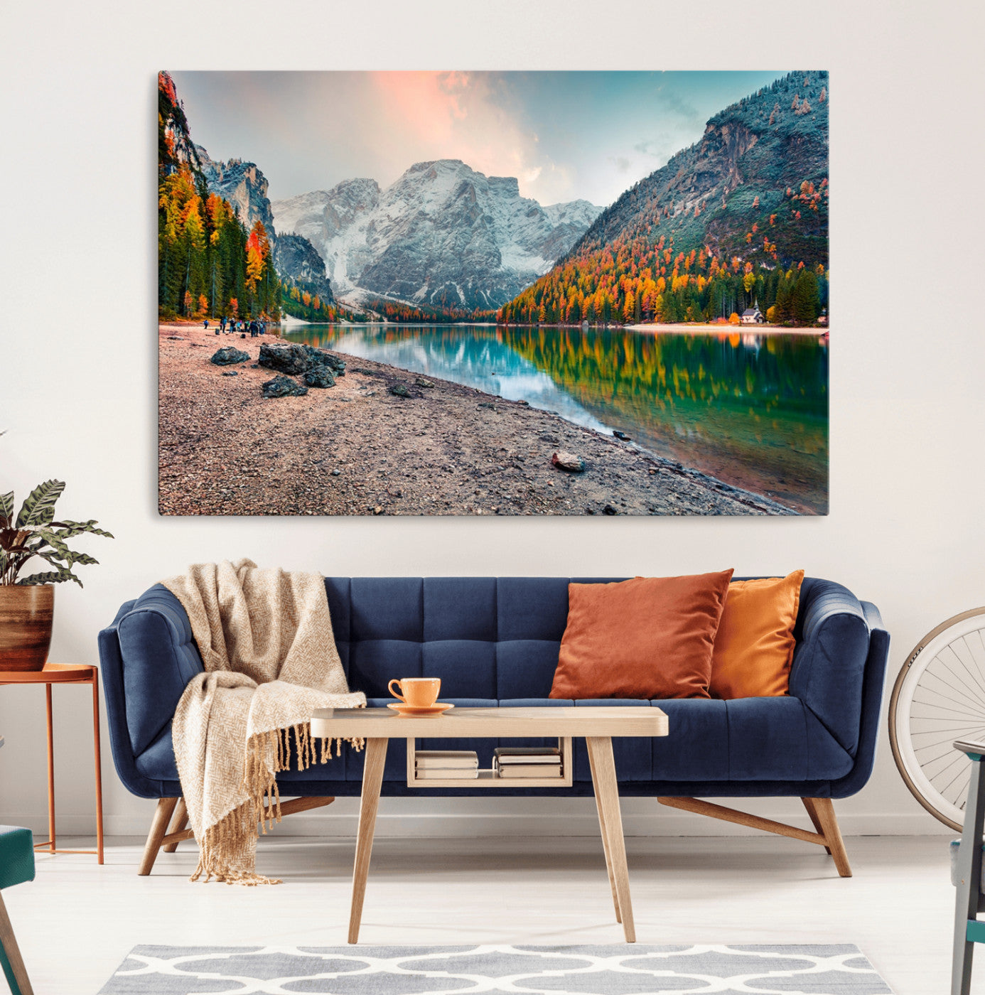 25982-MGV-CV-36X24-Autumn Mountain Lake Wall Art – Panoramic Fall Foliage and Snowy Peaks Canvas Print, Scenic Nature Decor for Living Room or Office