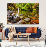 98096-MGV-CV-36X24-Serene River Waterfall Nature Photo – Calm Clear Water, Vibrant Green Forest and Smooth Stones Landscape Wall Art for Home or
