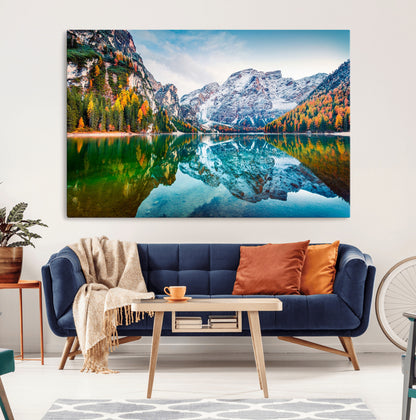 10402-MGV-CV-36X24-Snowy Mountain Lake Wall Art – Autumn Landscape Canvas Print with Reflection, Nature Decor for Living Room, Office, Bedroom or