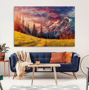 83947-MGV-CV-36X24-Sunset Mountain Landscape Wall Art – Panoramic Alpine Meadow and Snow Capped Peaks Canvas Print, Nature Scenic Decor for Home,
