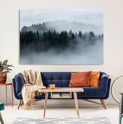 42596-MGV-CV-36X24-Misty Forest Wall Art – Atmospheric Pine Trees Canvas Print, Nature Landscape Decor for Living Room, Bedroom, Office, or Cabin