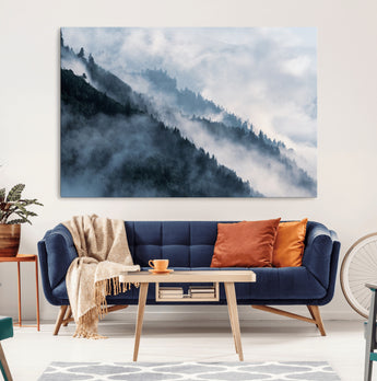 85737-MGV-CV-36X24-Misty Mountain Wall Art – Atmospheric Pine Forest Canvas Print with Fog and Mist, Calm Nature Decor for Living Room, Bedroom,