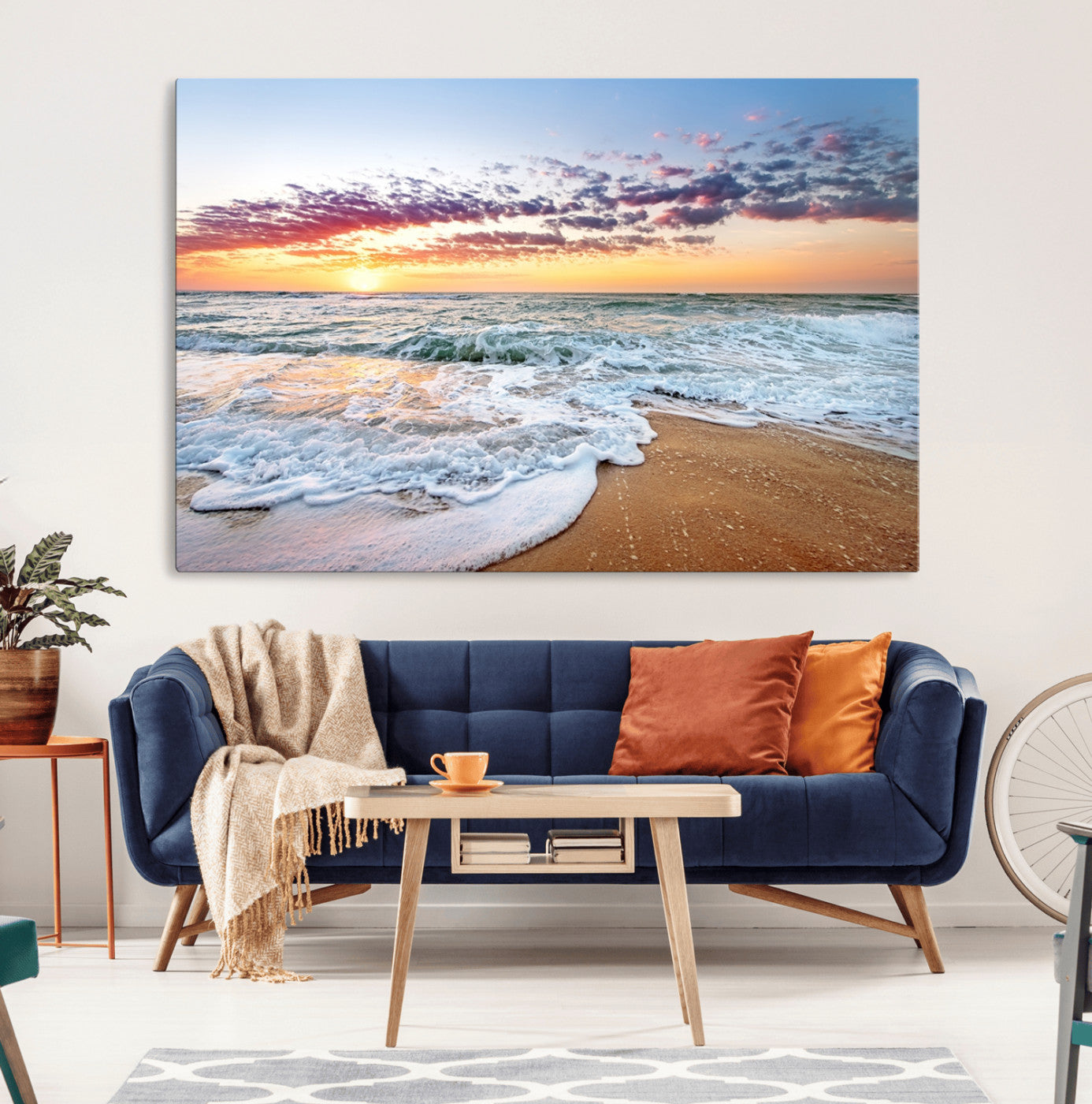 39560-MGV-CV-36X24-Sunrise Beach Wall Art – Vibrant Ocean Waves and Golden Sand Canvas Print, Seaside Coastal Decor for Living Room, Bedroom or