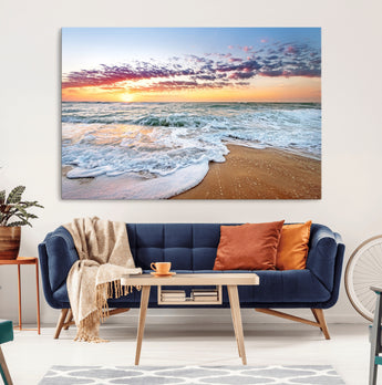 39560-MGV-CV-36X24-Sunrise Beach Wall Art – Vibrant Ocean Waves and Golden Sand Canvas Print, Seaside Coastal Decor for Living Room, Bedroom or