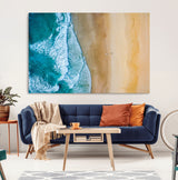 46640-MGV-CV-36X24-Aerial Beach Wall Art – Turquoise Waves and Golden Sand Canvas Print with Lone Surfer, Coastal Ocean Decor for Living Room,