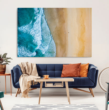 46640-MGV-CV-36X24-Aerial Beach Wall Art – Turquoise Waves and Golden Sand Canvas Print with Lone Surfer, Coastal Ocean Decor for Living Room,