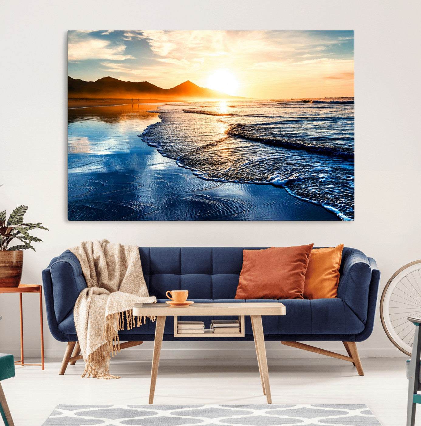 86173-MGV-CV-36X24-Golden Sunset Beach Wall Art – Reflective Ocean Canvas Print with Mountains and Waves, Coastal Nature Decor for Living Room,