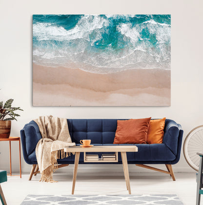 39236-MGV-CV-36X24-Ocean Beach Wall Art – Aerial View of Waves and Sand Canvas Print, Coastal Home Decor for Living Room, Bedroom, Office or Beach