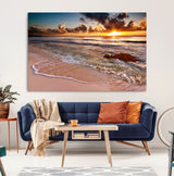 38302-MGV-CV-36X24-Sunset Beach Wall Art – Stunning Ocean Waves and Rock Canvas Print, Warm Coastal Decor for Living Room, Bedroom, Office or Beach