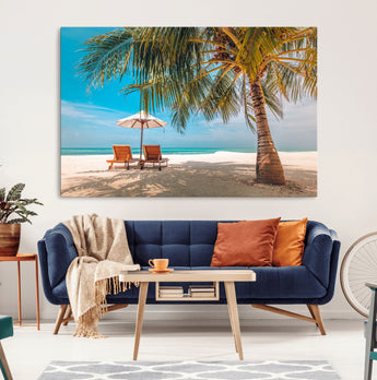 69754-MGV-CV-36X24-Tropical Beach Wall Art – Relaxing Palm Tree and Lounge Chairs Canvas Print, Serene Coastal Decor for Living Room, Bedroom, Office