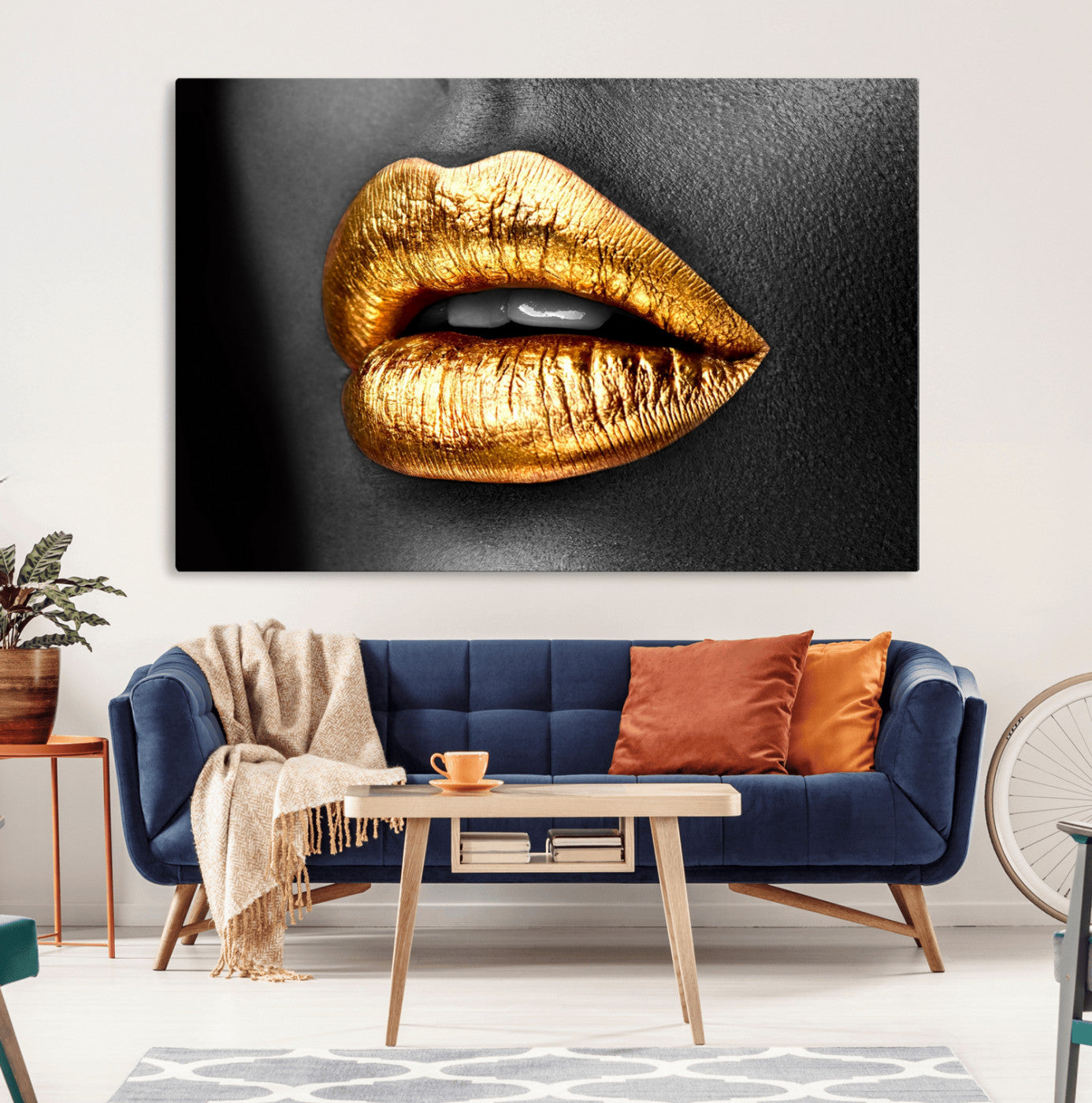 84747-MGV-CV-36X24-Golden Lips Black & White Portrait – Glamorous Metallic Lip Art Print, Modern Wall Decor for Bedroom, Beauty & Fashion Lover Gift