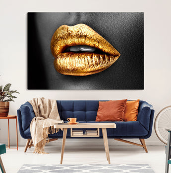 84747-MGV-CV-36X24-Golden Lips Black & White Portrait – Glamorous Metallic Lip Art Print, Modern Wall Decor for Bedroom, Beauty & Fashion Lover Gift