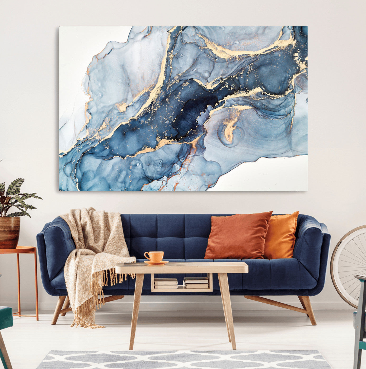 33782-MGV-CV-36X24-Abstract Marble Wall Art – Blue & Gold Fluid Painting Canvas Print, Modern Home Decor for Living Room, Bedroom or Office