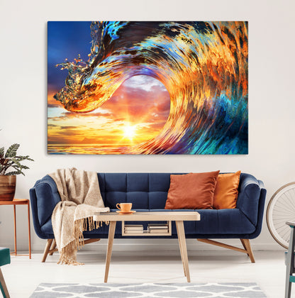 52890-MGV-CV-36X24-Surfing Wave Wall Art Canvas Print, Framed Sunset Ocean Art Picture Print, Ocean Wave Perfect Nautical Decor Artwork