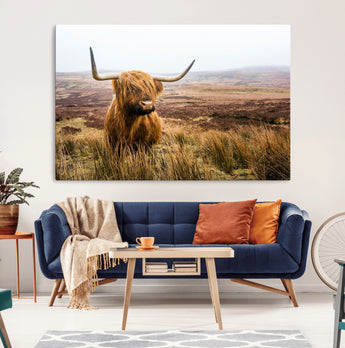 79391-MGV-CV-36X24-Majestic Highland Cow in Misty Scottish Moorland – Rustic Natural Charm, Perfect for Unique Home or Office Decor