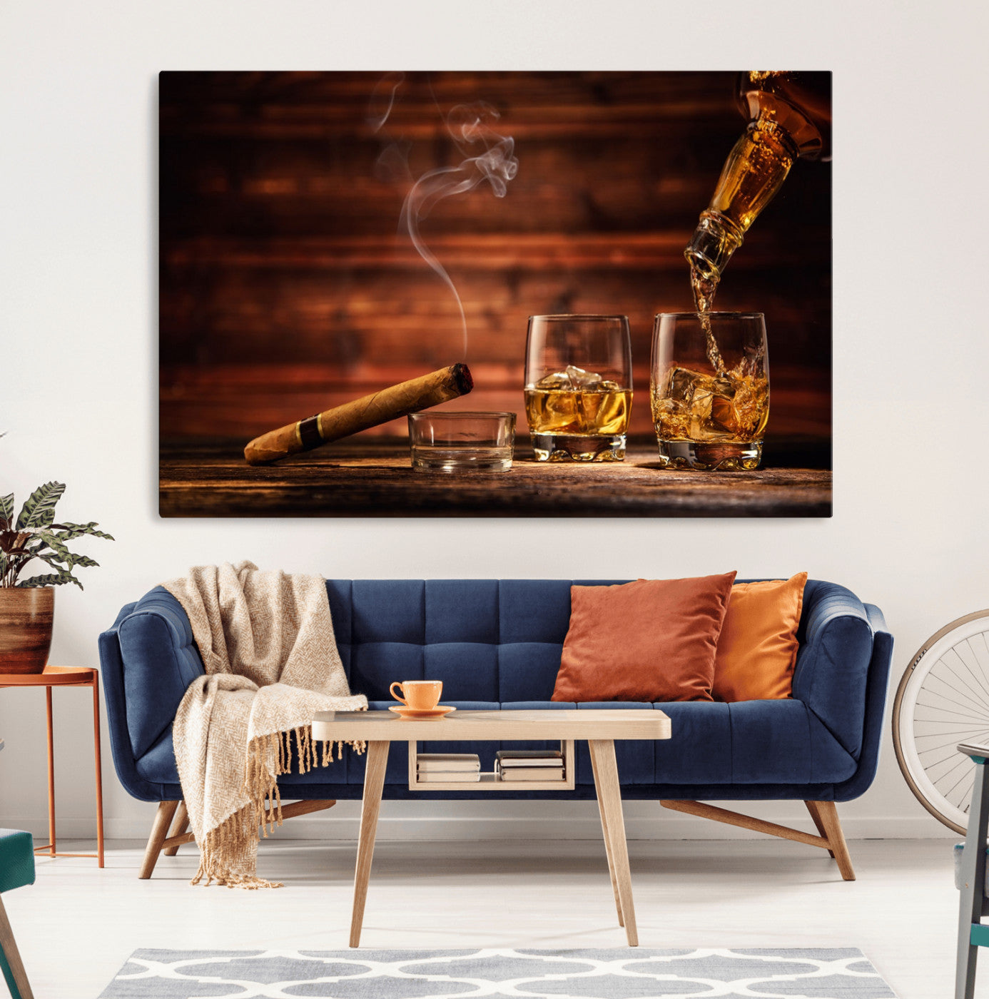 41139-MGV-CV-36X24-Whiskey and Cigar Still Life – Glasses with Ice and Pouring Amber Drink on Wooden Table with Smoke, Elegant Bar or Lounge Wall
