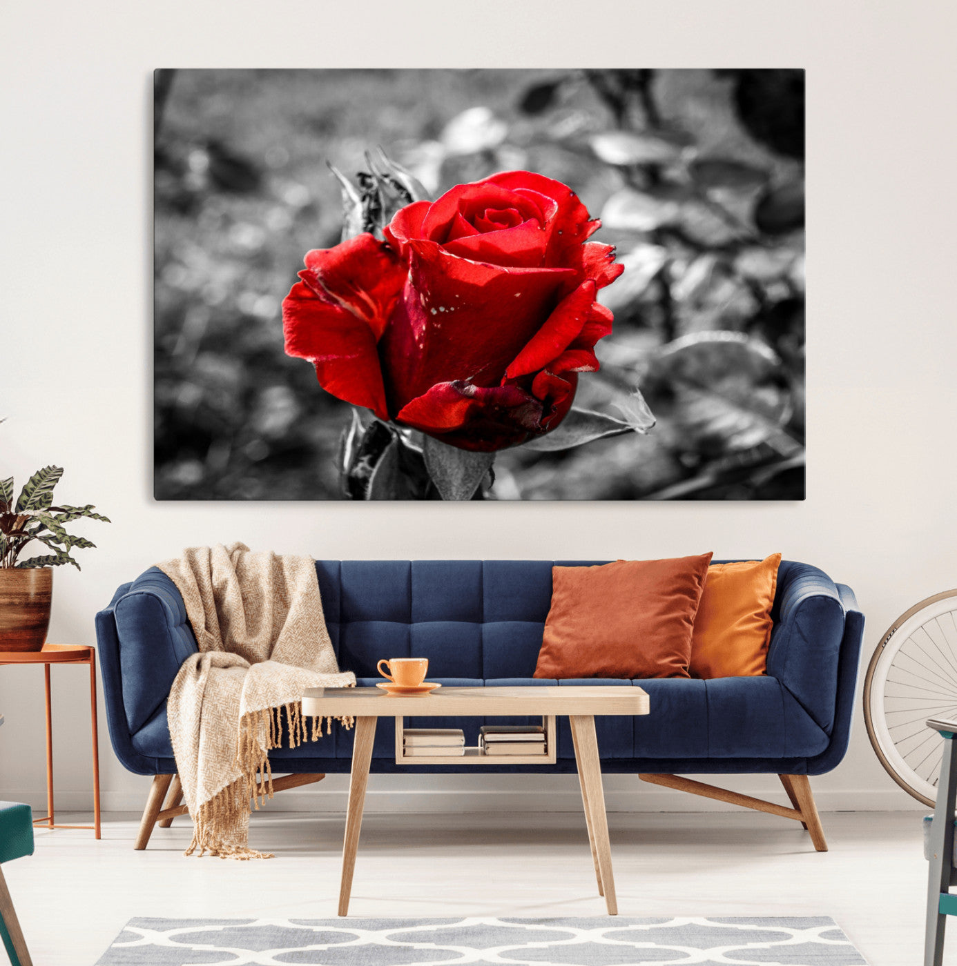 84671-MGV-CV-36X24-Red Rose Wall Art – Vibrant Single Bloom Canvas Print with Black and White Background, Elegant Floral Decor for Living Room,