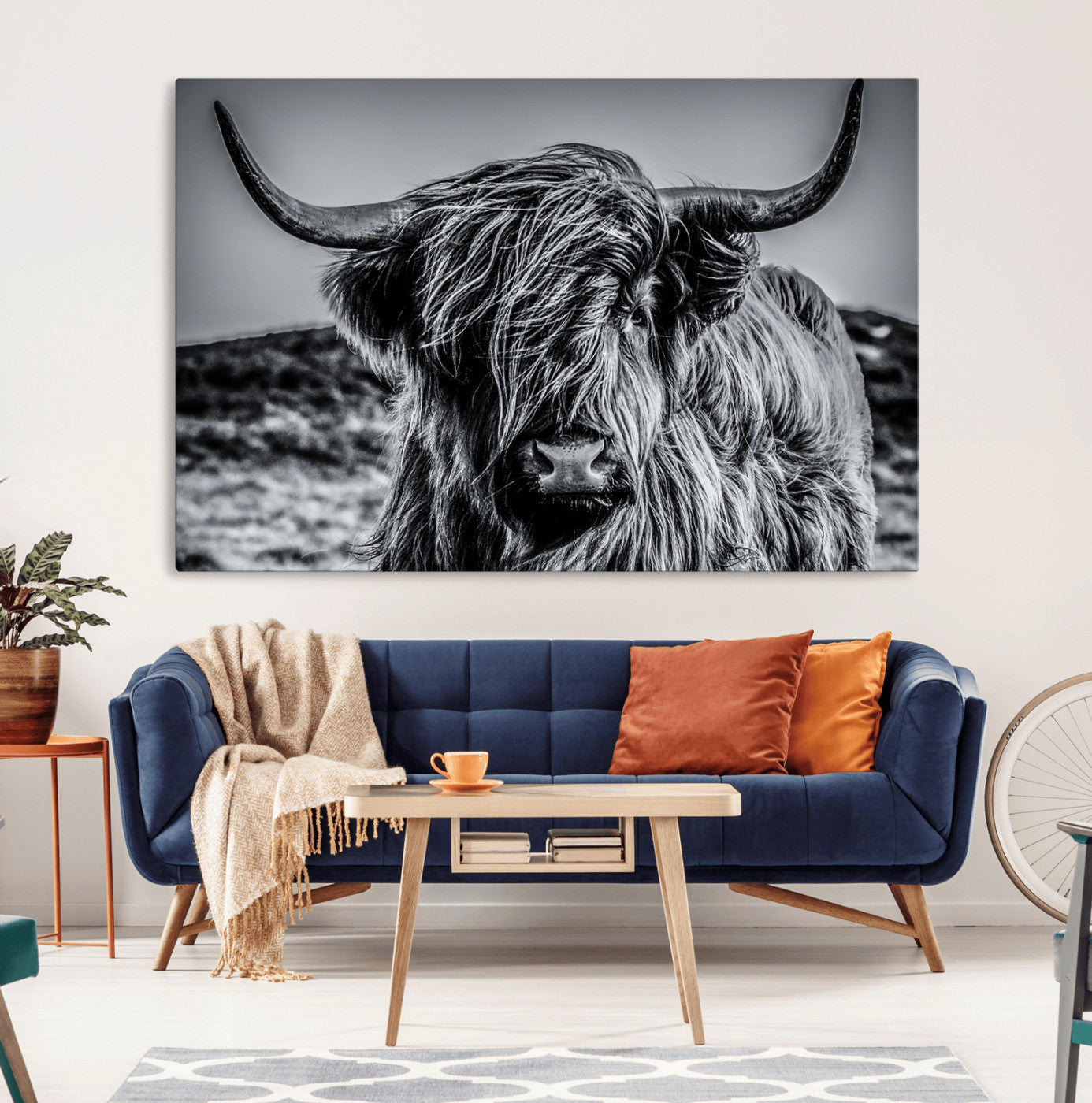 97372-MGV-CV-36X24-Elegant Highland Cow Wall Art – Black and White Canvas Print, Rustic Nature Decor for Home, Office, Living Room or Man Cave