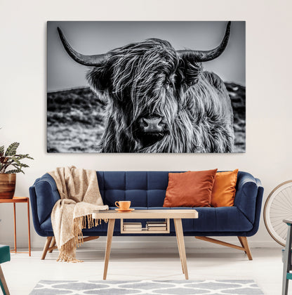 97372-MGV-CV-36X24-Elegant Highland Cow Wall Art – Black and White Canvas Print, Rustic Nature Decor for Home, Office, Living Room or Man Cave