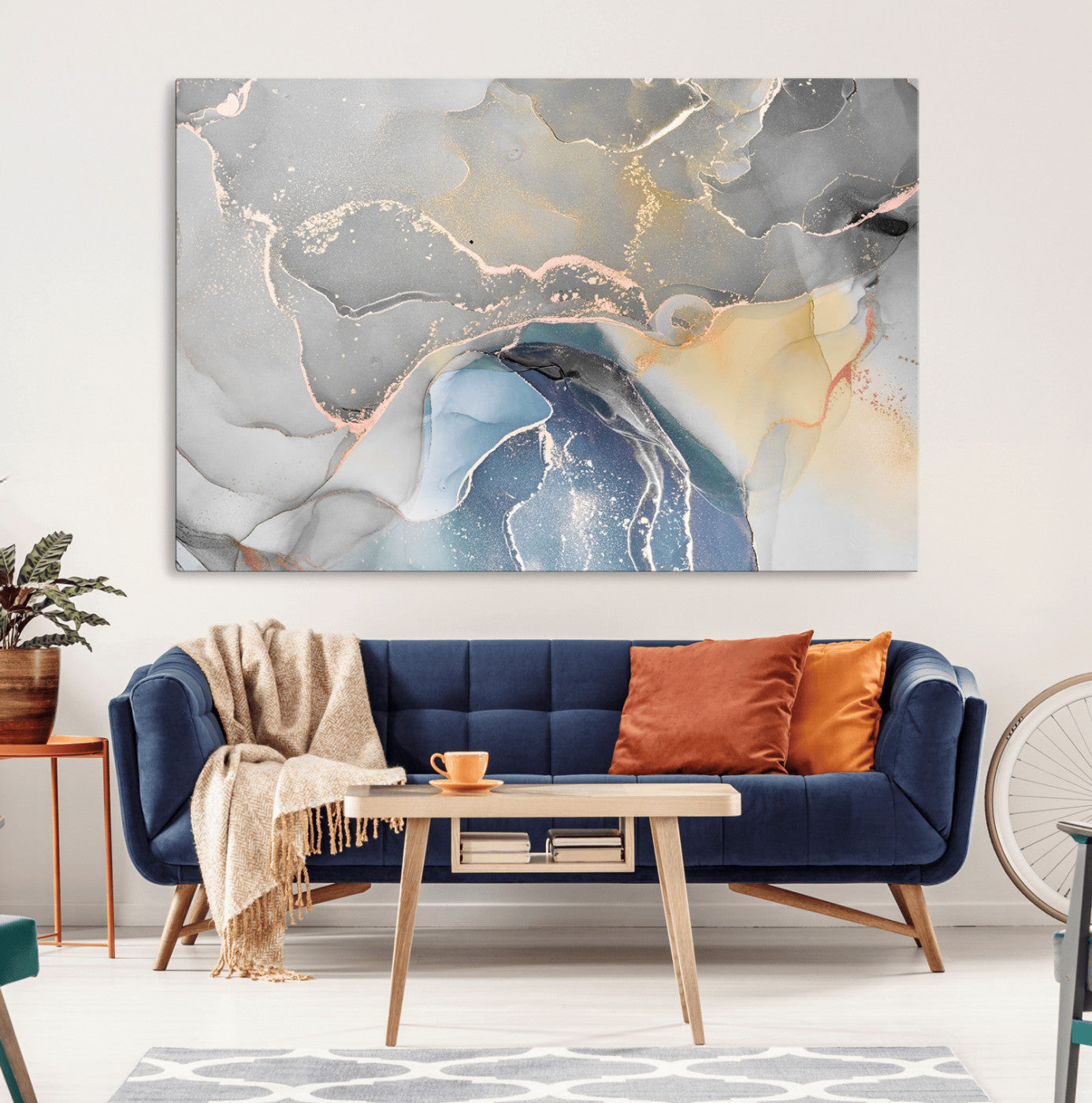 63211-MGV-CV-36X24-Abstract Fluid Art Wall Decor – Blue, Gray & Gold Canvas Print, Modern Home and Office Wall Art Decor for Living Room, Bedroom or