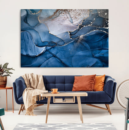 27810-MGV-CV-36X24-Abstract Blue Gold Fluid Art Wall – Modern Canvas Print, Elegant Home & Office Wall Art, Stylish Living Room or Bedroom Decor