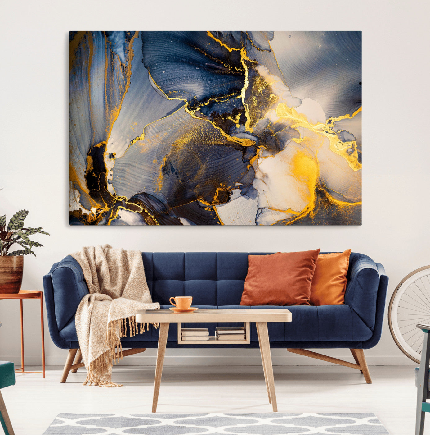 42100-MGV-CV-36X24-Golden Flow Abstract Wall Art – Panoramic Modern Blue and Gold Canvas Print, Contemporary Artistic Decor for Home, Office