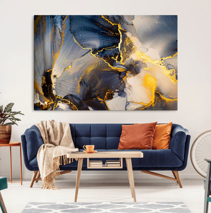 42100-MGV-CV-36X24-Golden Flow Abstract Wall Art – Panoramic Modern Blue and Gold Canvas Print, Contemporary Artistic Decor for Home, Office