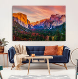 24519-MGV-CV-36X24-Yosemite Valley Sunset Wall Art – Majestic Mountain Landscape with Waterfall and Vibrant Sky, Nature Photography for Home or