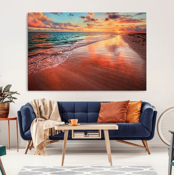 77723-MGV-CV-36X24-Sunset Beach Wall Art – Vibrant Ocean Waves and Golden Horizon Canvas Print, Coastal Seascape Photography Home Decor