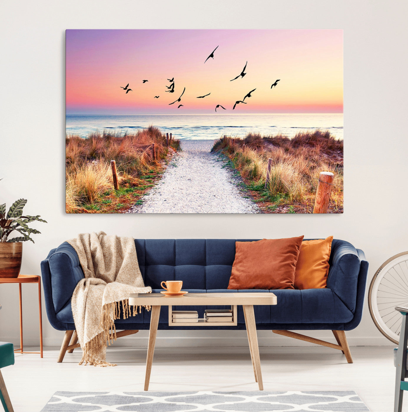 54411-MGV-CV-36X24-Beach Path with Birds Wall Art – Coastal Sunset Ocean Canvas Print, Seaside Nature Landscape Photography for Living Room, Bedroom