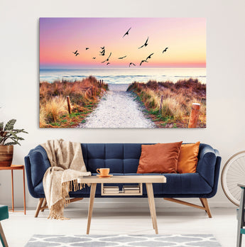 54411-MGV-CV-36X24-Beach Path with Birds Wall Art – Coastal Sunset Ocean Canvas Print, Seaside Nature Landscape Photography for Living Room, Bedroom