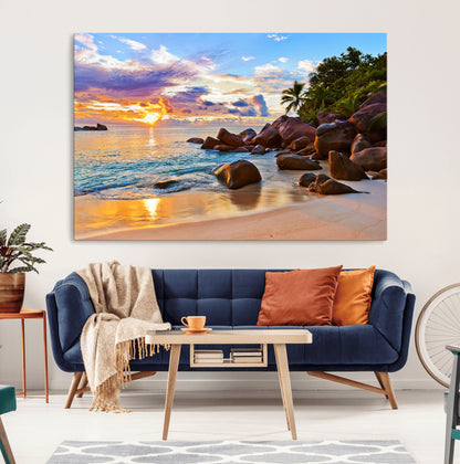 43209-MGV-CV-36X24-Tropical Beach Sunset Wall Art – Golden Ocean Waves and Palm Trees with Rocky Shore Canvas Print, Coastal Seascape Decor for