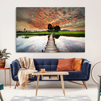 29105-MGV-CV-36X24-Rustic Wooden Bridge Wall Art – Scenic Sunset Over Rice Fields and Reflective Water Canvas Print, Nature Landscape Decor for