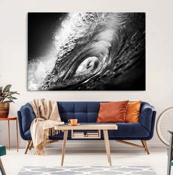 22702-MGV-CV-36X24-Black and White Ocean Wave Wall Art – Powerful Surf Curl Photography Canvas Print, Modern Coastal Decor for Living Room, Office or