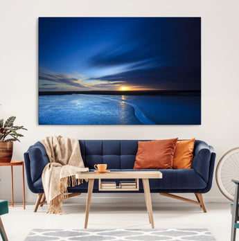 65405-MGV-CV-36X24-Blue Sunrise Seascape Wall Art – Tranquil Ocean Horizon Canvas Print with Golden Sunlight and Deep Sky, Coastal Landscape Decor