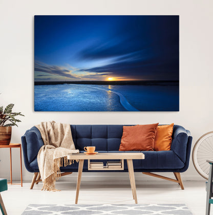 65405-MGV-CV-36X24-Blue Sunrise Seascape Wall Art – Tranquil Ocean Horizon Canvas Print with Golden Sunlight and Deep Sky, Coastal Landscape Decor