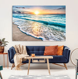 27815-MGV-CV-36X24-Ocean Sunrise Beach Wall Art – Serene Coastal Canvas Print with Waves and Golden Morning Light, Relaxing Seascape Decor for