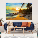 26181-MGV-CV-36X24-Golden Tropical Sunset Beach Wall Art – Ocean Canvas Print with Palm Trees and Rocks, Coastal Paradise Decor for Living Room or